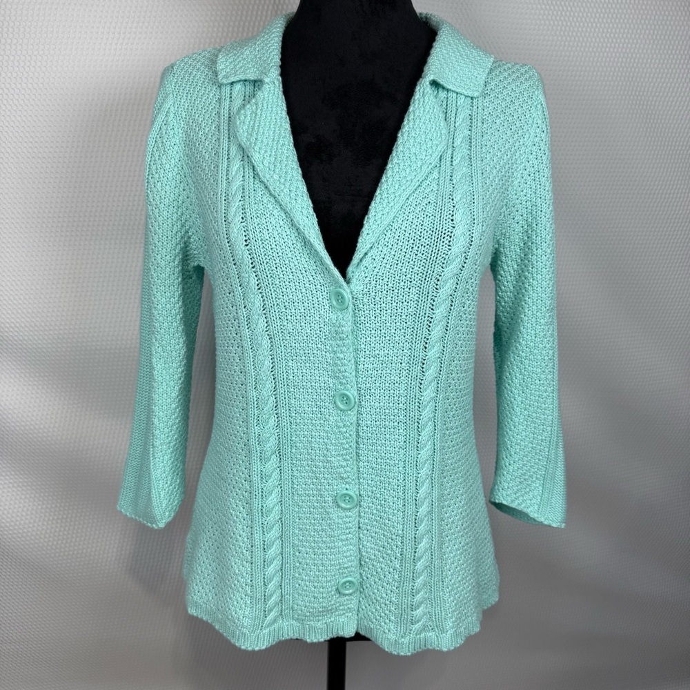 heather B. All Cotton Small Collared Button Cardigan Mint Green Sweater Cable